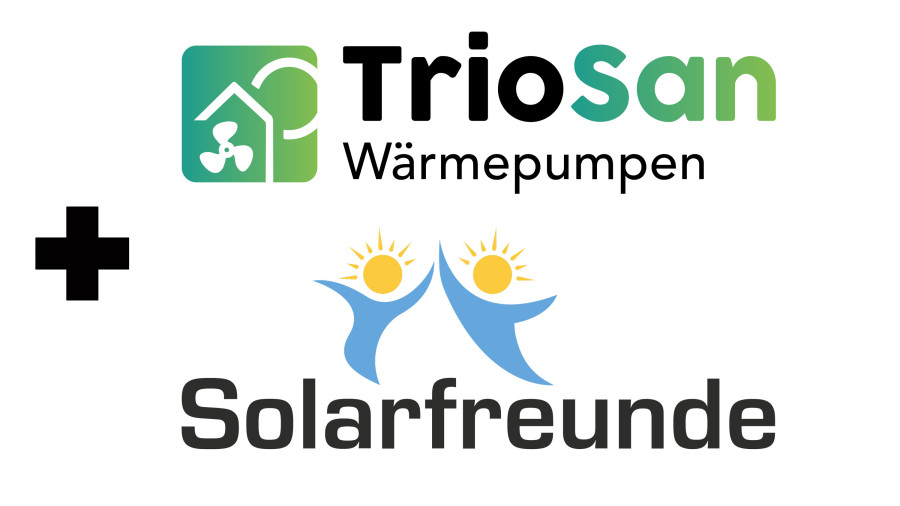 Logos von TrioSan Wärmepumpen und Solarfreunde, mit einem Pluszeichen verbunden